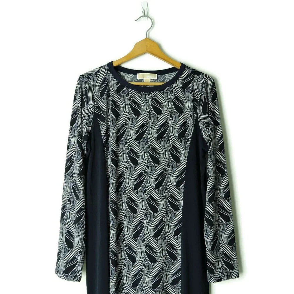 Michael Kors long sleeve dress stretchy illusion slimming silhouette print Sz L